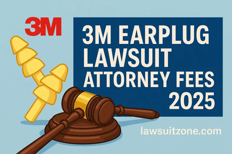 Digital graphic featuring 3M yellow earplugs, a judge’s gavel, and bold text “3M Earplug Lawsuit Attorney Fees 2025,” branded with lawsuitzone.com.