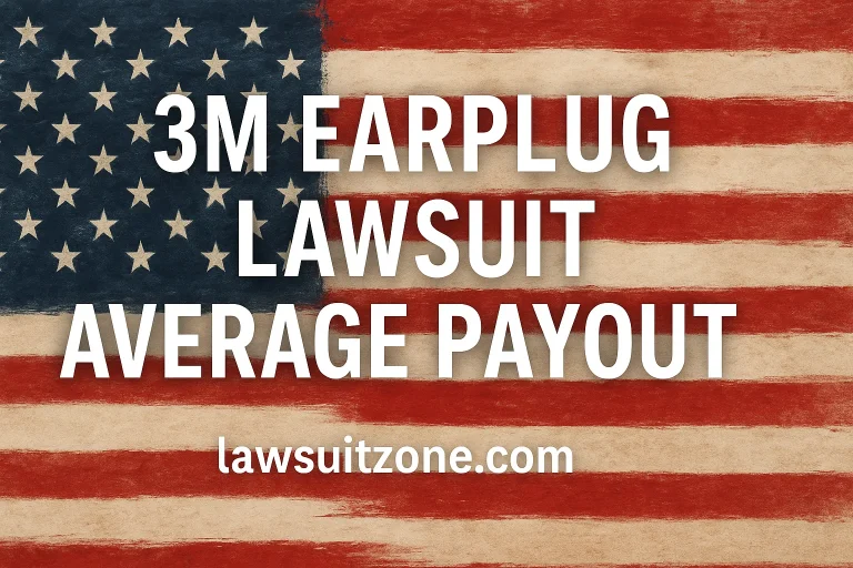 3M earplug lawsuit 2025 feature graphic with American flag backdrop.