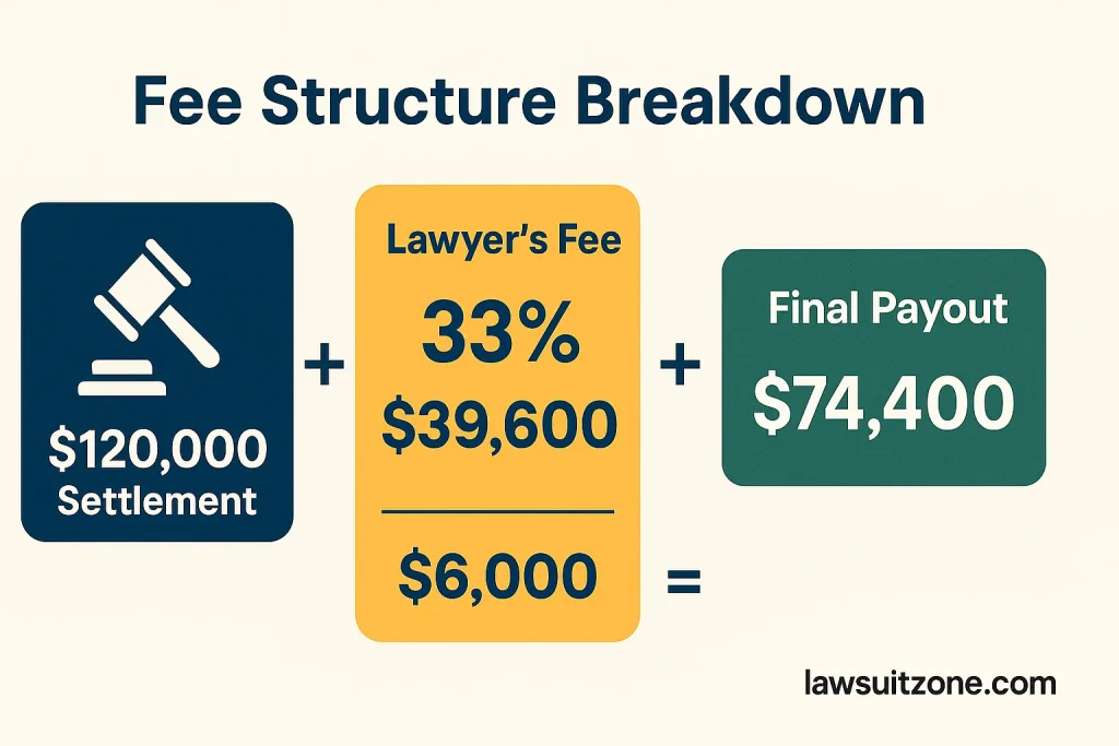 Infographic illustration showing contingency fee breakdown with settlement amount, lawyer’s fee (33%), case costs, and final payout, branded lawsuitzone.com.