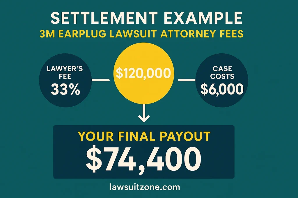 Infographic showing a sample $120,000 settlement with 33% attorney fee and $6,000 case costs, leading to a final payout of $74,400, branded lawsuitzone.com.