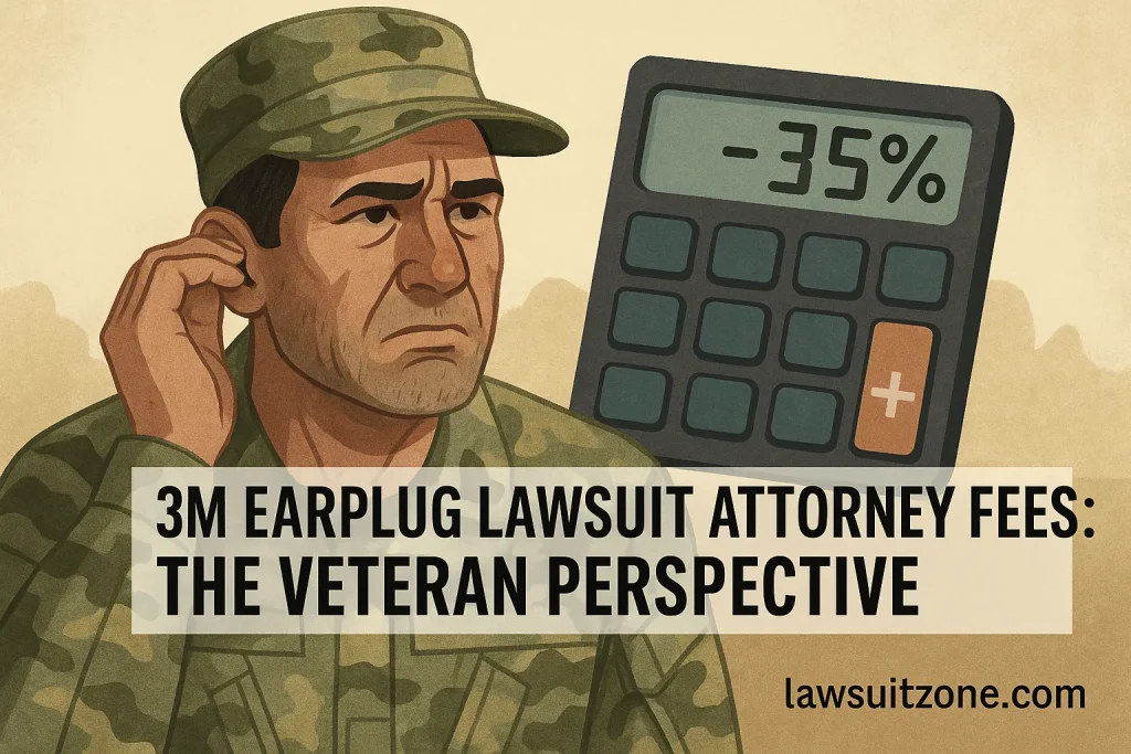 Illustration of a veteran in camouflage uniform holding his ear, with a calculator showing -35% behind him, symbolizing attorney fee cuts, branded lawsuitzone.com.
