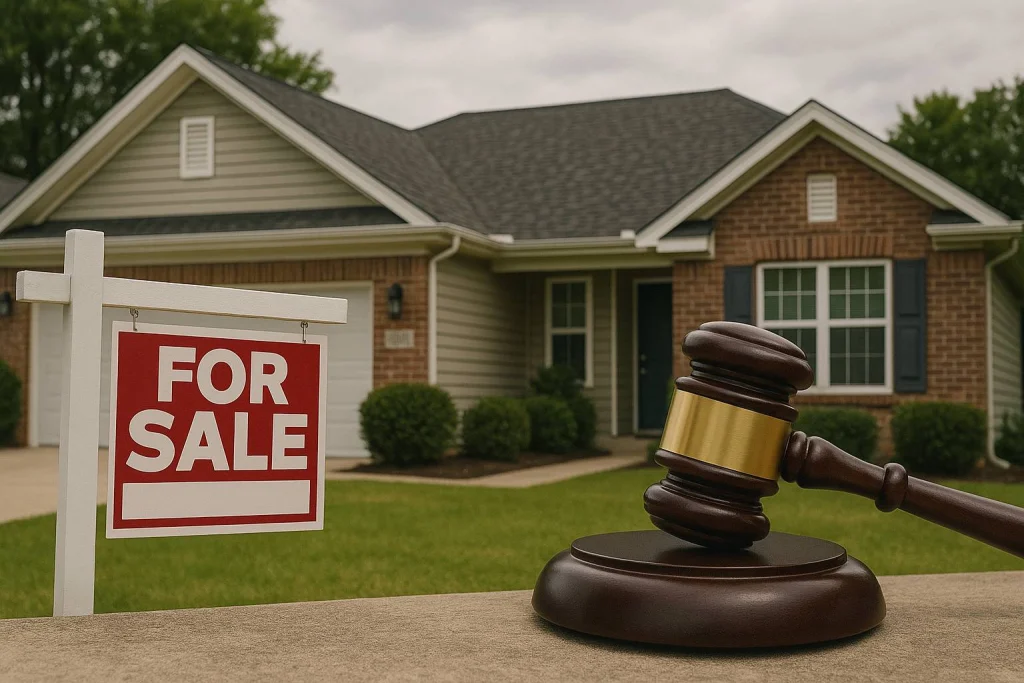 Suburban home with a For Sale sign and judge’s gavel symbolizing the 72 Sold lawsuit and real estate controversies in 2025