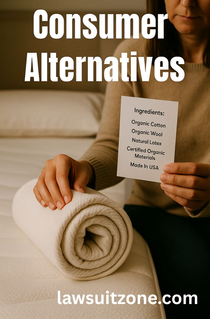 Eco-friendly flat-lay showing alternative mattresses labeled “Local,” “Transparent,” and “Non-Toxic” as safer consumer choices.
