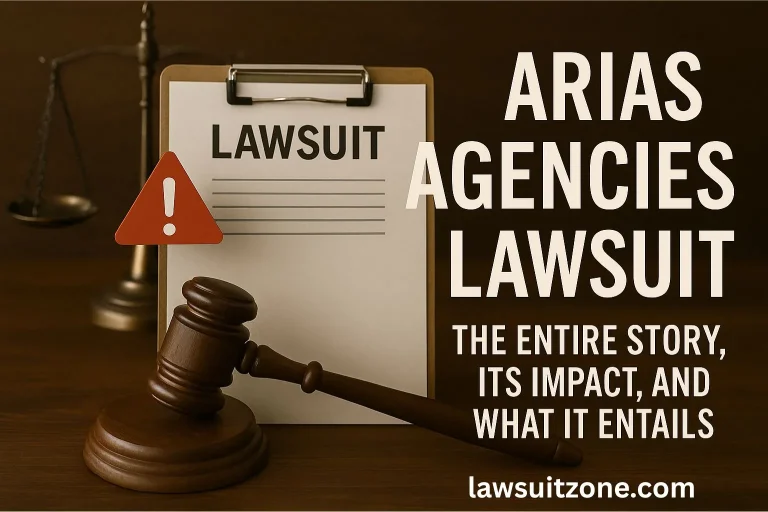 Realistic photo of a lawsuit document on a clipboard with a judge’s gavel and warning sign, alongside bold text “Arias Agencies Lawsuit – The Entire Story, Its Impact, and What It Entails.”