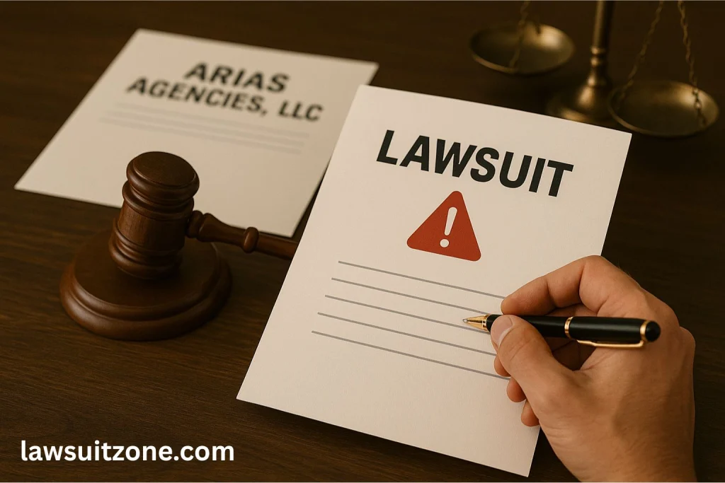 Realistic close-up photo of a hand holding a pen over a lawsuit paper labeled “Lawsuit,” with a gavel, scales of justice, and an Arias Agencies LLC folder in the background, symbolizing legal disputes.