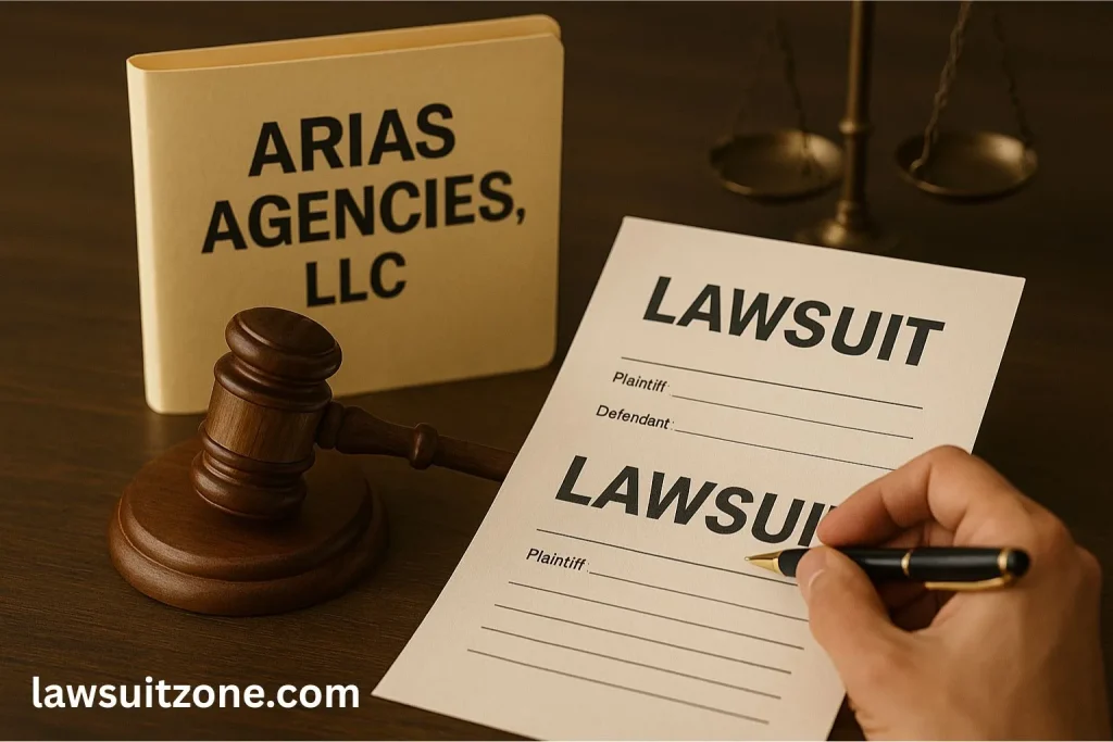Realistic photo showing a lawsuit document being signed, a folder labeled “Arias Agencies LLC,” a judge’s gavel, and scales of justice, symbolizing the Arias Agencies lawsuit.