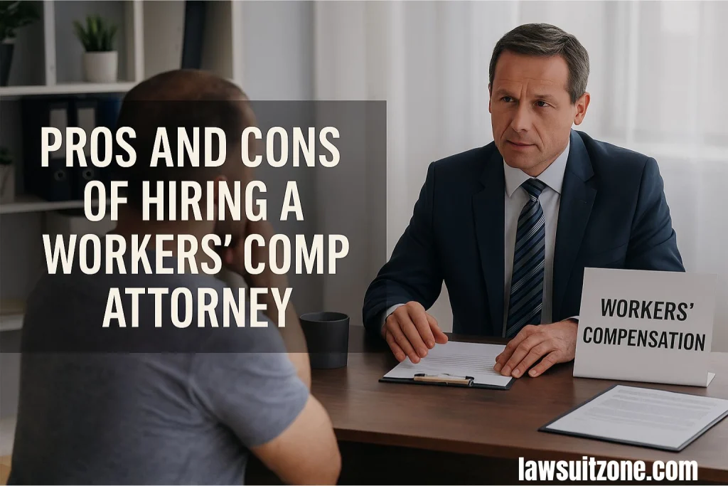 Attorney in suit attentively listening to client in modern office with workers’ compensation sign on desk.