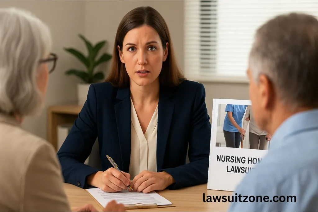 Female attorney discussing documents with an elderly couple, with a nursing home lawsuit file displayed on her desk.
