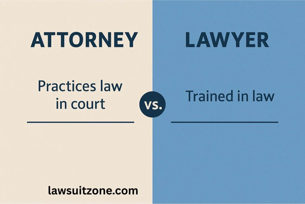 Infographic comparing lawyer = law graduate and attorney = licensed to practice in court after passing the bar exam.