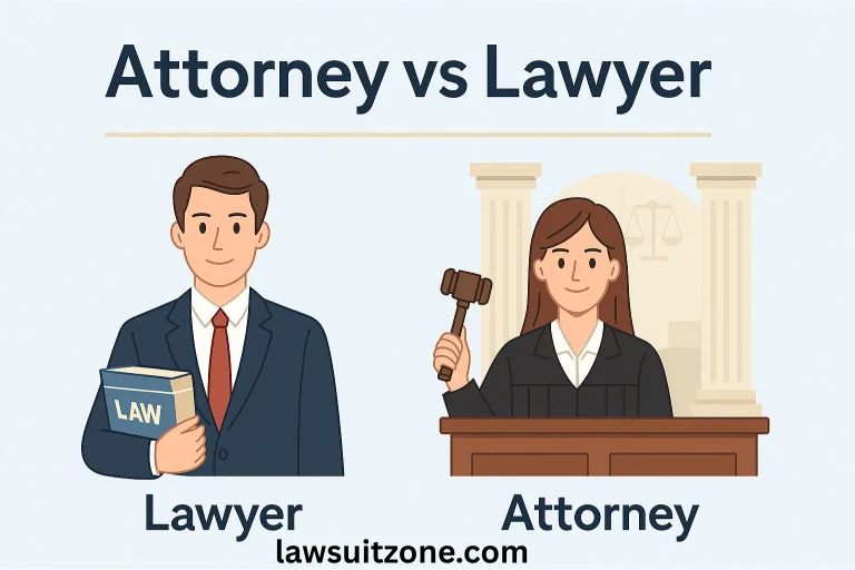 Illustration of two professionals side by side — one with law books (lawyer) and one in a courtroom (attorney) — symbolizing the difference.