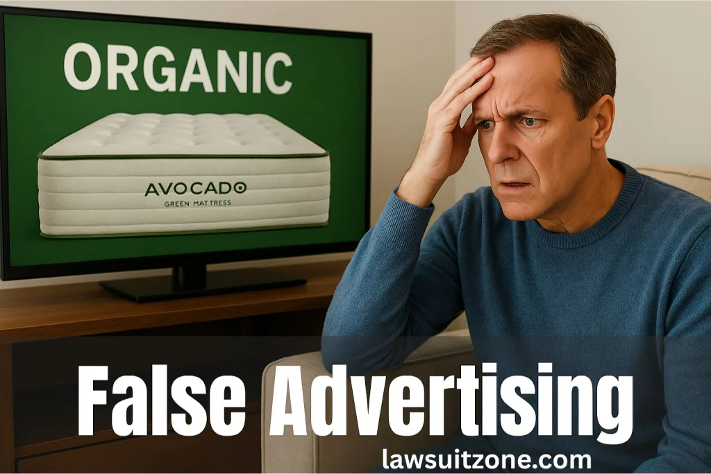 Customer examining mattress tag under a bold “100% Organic” sign, symbolizing false advertising concerns.