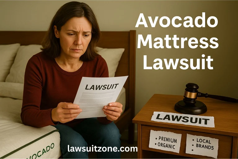 Worried consumer sitting on bed with Avocado Mattress label, holding lawsuit papers with gavel on bedside table.
