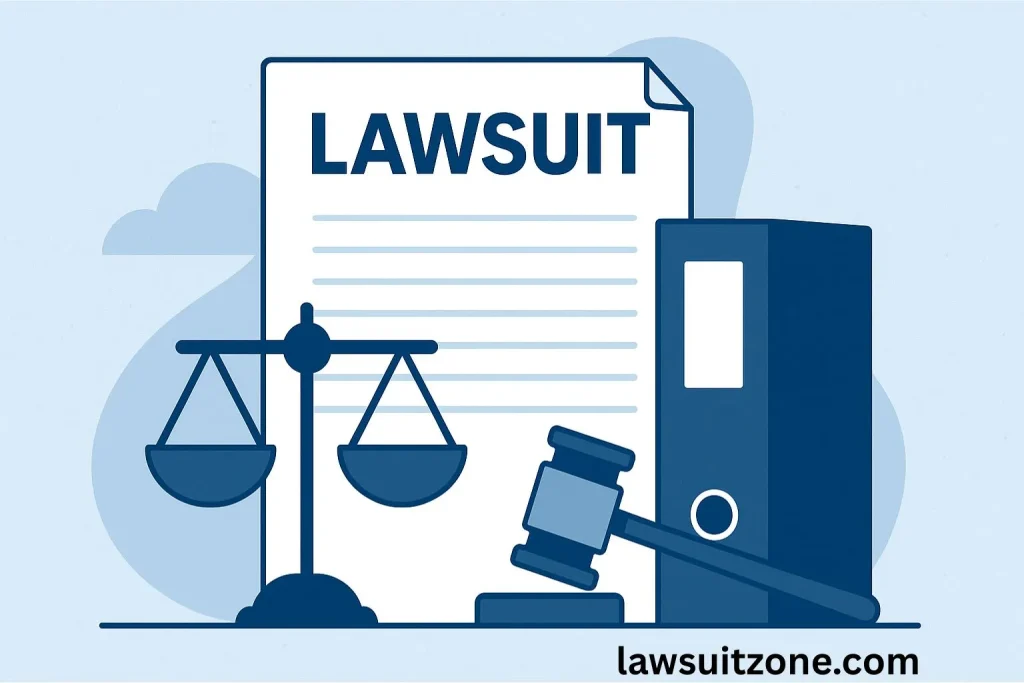 Illustration of a lawsuit file, scales of justice, and a judge’s gavel with a binder, symbolizing ongoing legal proceedings in the Bench Craft Company lawsuit.