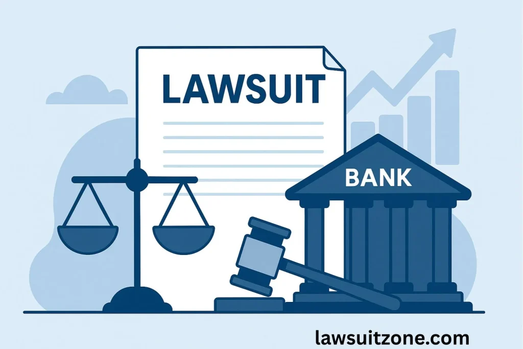 Illustration of a lawsuit document, gavel, scales of justice, and a bank building, symbolizing financial and legal issues in the Bench Craft Company lawsuit.