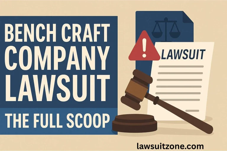 Illustration showing a gavel, legal documents, and the words “Bench Craft Company Lawsuit – The Full Scoop,” symbolizing legal dispute in advertising practices.