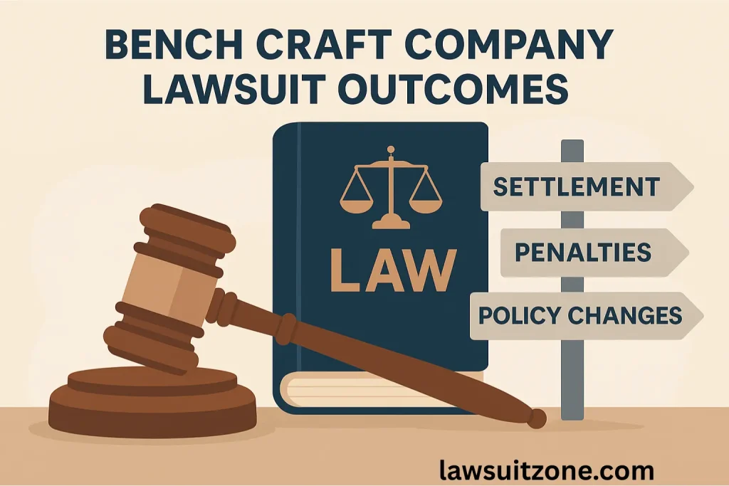 Illustration showing a gavel, a law book, and a signboard with words “Settlement, Penalties, Policy Changes,” representing possible outcomes of the Bench Craft Company lawsuit.
