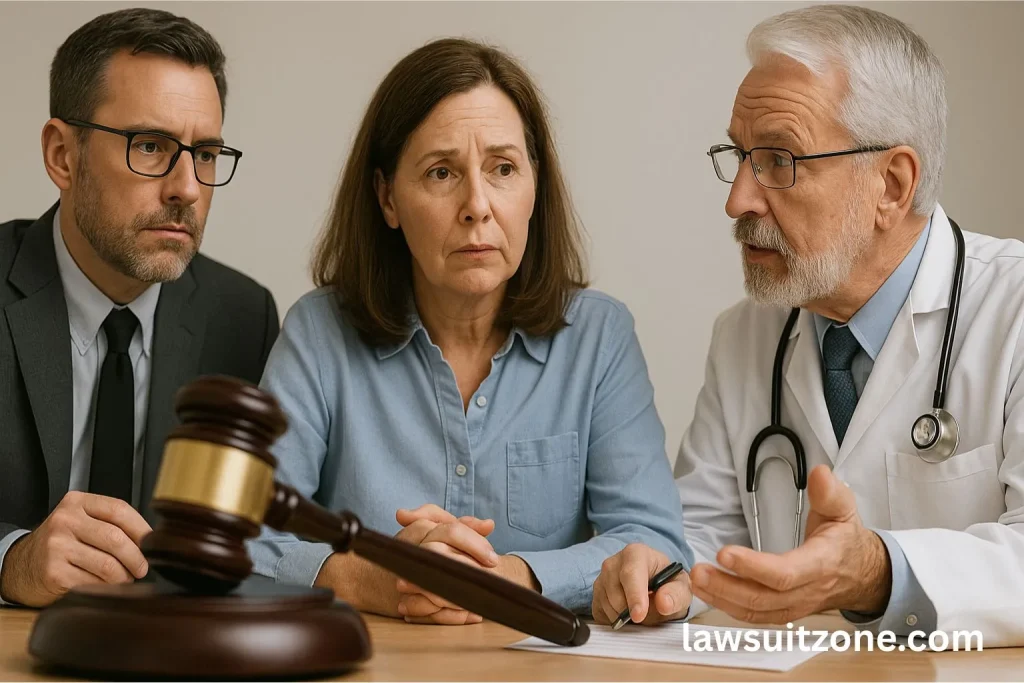 Doctor explaining Biote treatment issues to a patient and lawyer with a gavel on the desk, symbolizing medical and legal collaboration in the Biote lawsuit