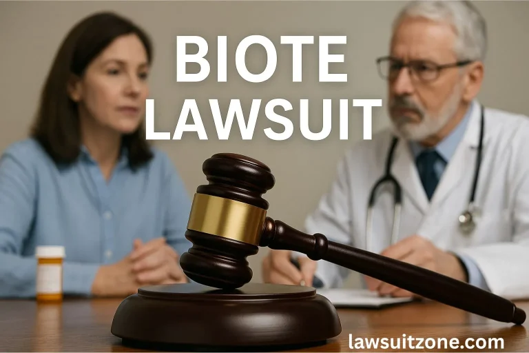 Judge’s gavel with doctor and patient in the background symbolizing the Biote lawsuit linking healthcare and legal action