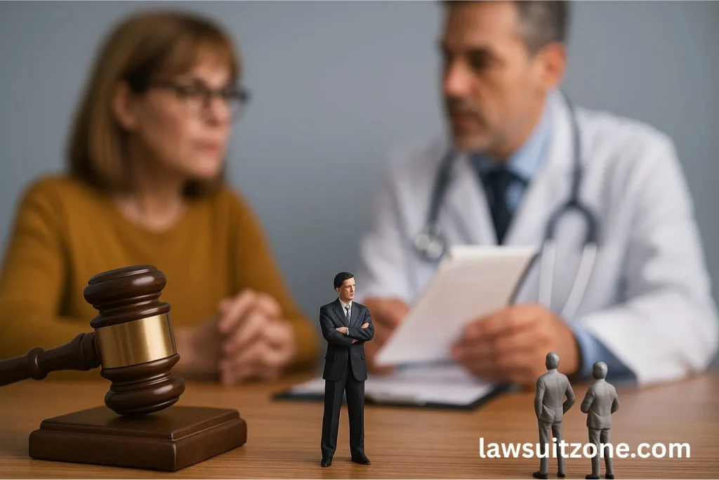 Gavel on desk with doctor and patient in the background, symbolizing legal accountability and medical consultation in the Biote lawsuit