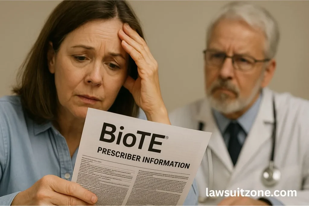 Middle-aged woman reading Biote prescriber information with a doctor looking on, reflecting patient concerns tied to the Biote lawsuit