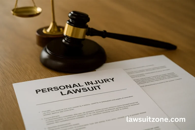 Legal desk with gavel, scales, and documents symbolizing the chances of winning a personal injury lawsuit, branded with lawsuitzone.com watermark.