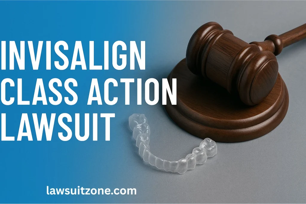 Wooden judge’s gavel placed next to Invisalign aligner, symbolizing legal action and monopoly allegations.