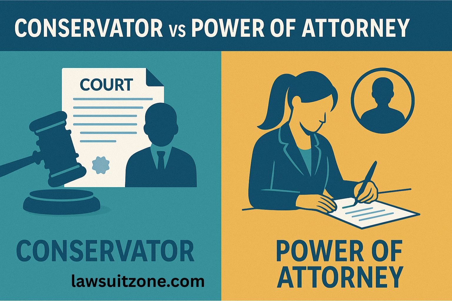 Flat-style illustration contrasting a conservator (court-appointed) with a power of attorney (chosen by the individual), with legal documents and balance scales in the background.