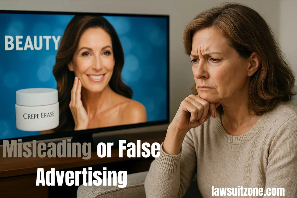 Crepe Erase misleading advertising concept showing skeptical consumer watching TV commercial with beauty claims.