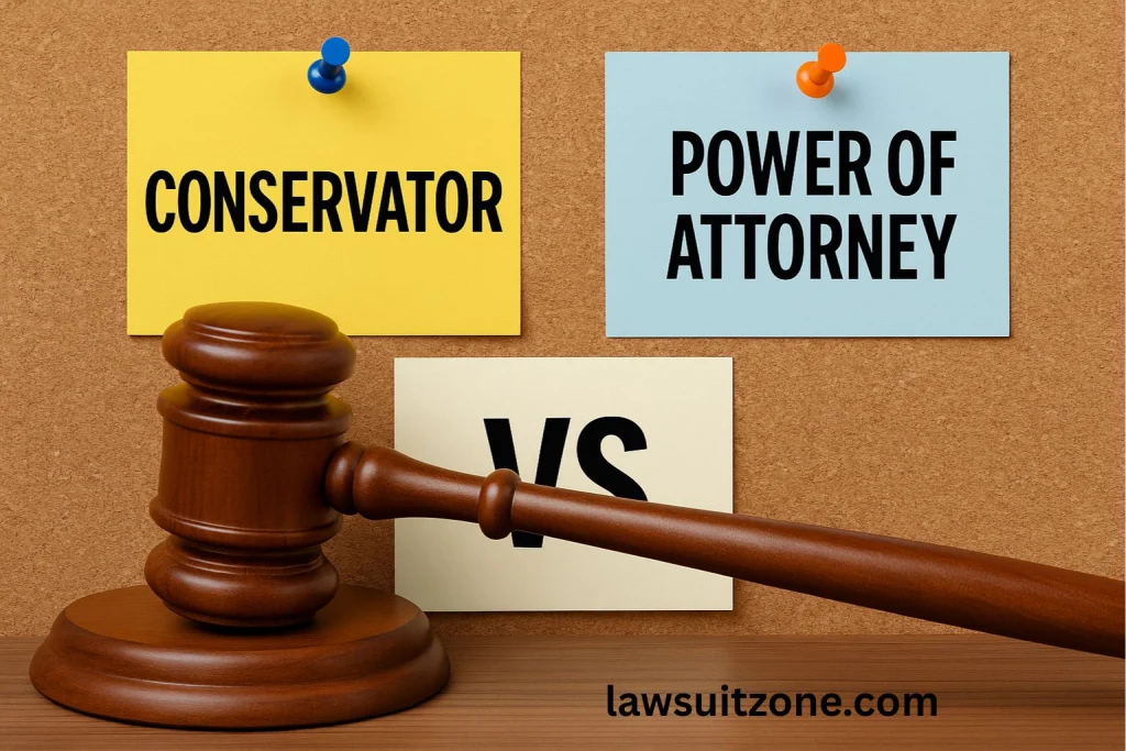 Photo of a judge’s gavel resting on legal documents, symbolizing court involvement in conservatorships compared to power of attorney.