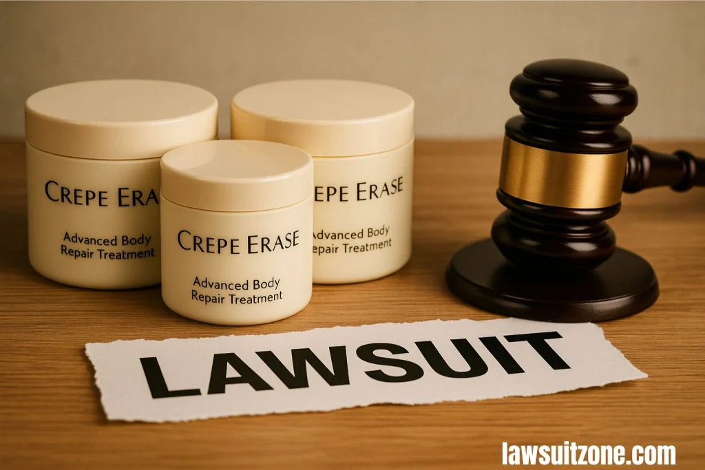 Crepe Erase lawsuit concept showing skincare products with gavel and lawsuit document, representing consumer legal dispute.