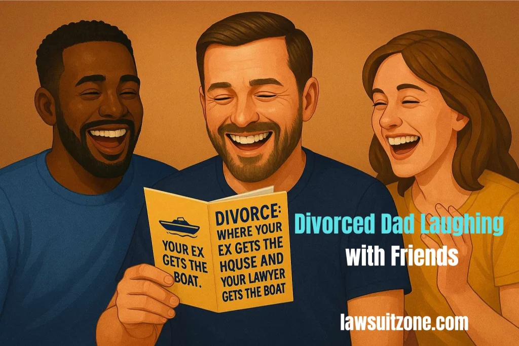 Divorced dad laughing with friends while holding a sarcastic greeting card, showing humor as a healing tool.