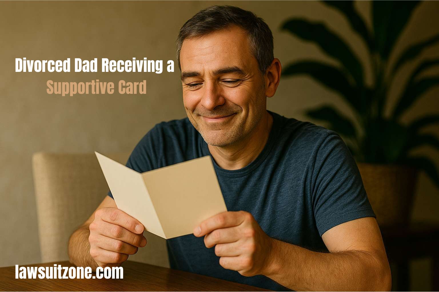 Divorced dad smiling while holding a greeting card, symbolizing humor and healing after divorce.