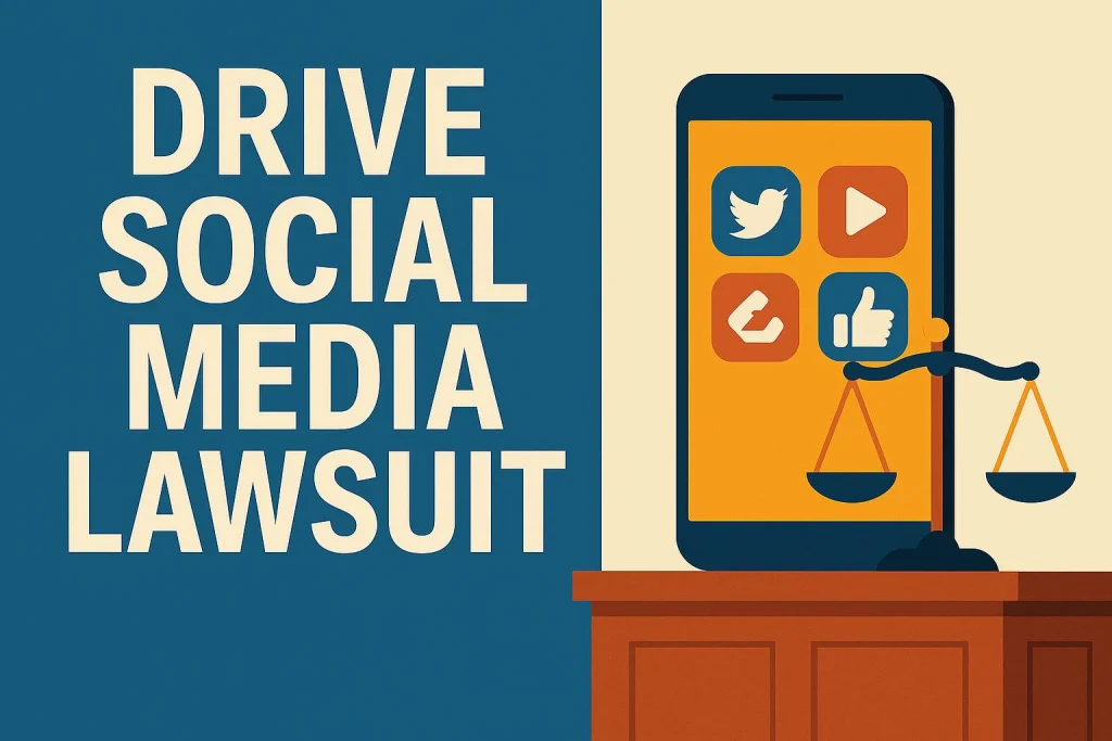 Courtroom illustration with smartphone showing social media icons and scales of justice, representing Drive Social Media lawsuit in 2025