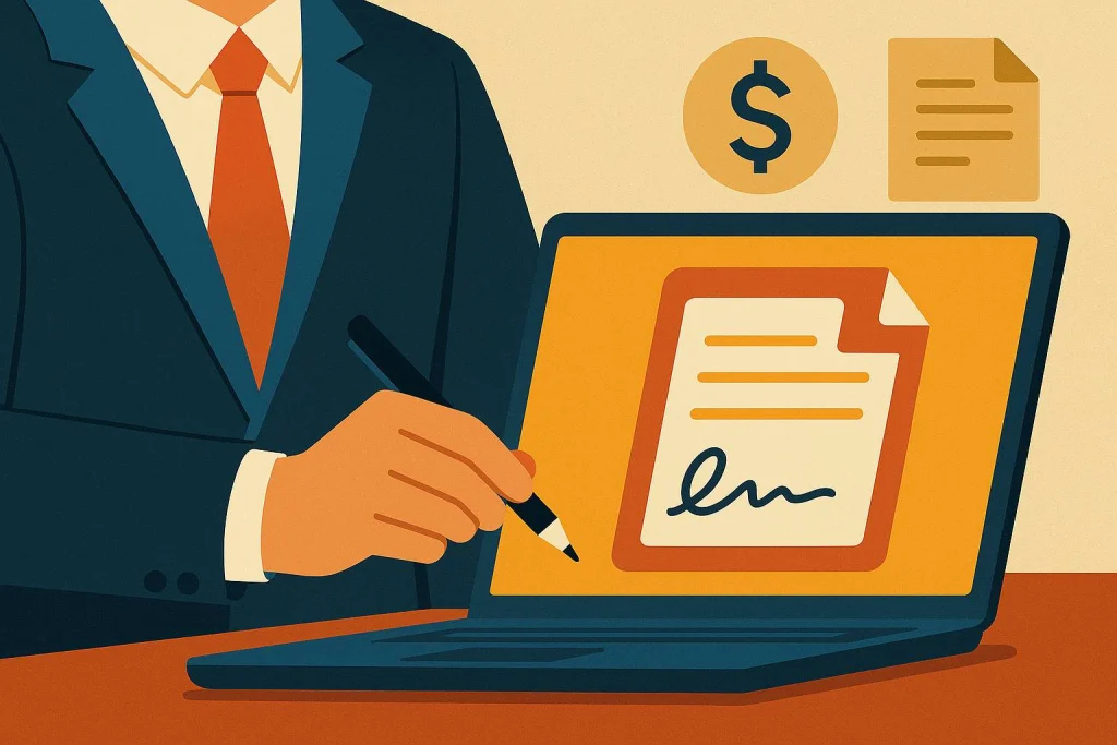 Businessperson signing digital marketing contract on laptop surrounded by ad icons and money symbols, reflecting Drive Social Media lawsuit contract disputes