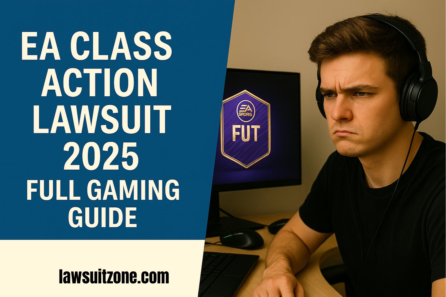 Frustrated gamer holding a controller while FIFA Ultimate Team screen shows loot boxes, symbolizing EA class action lawsuit 2025.