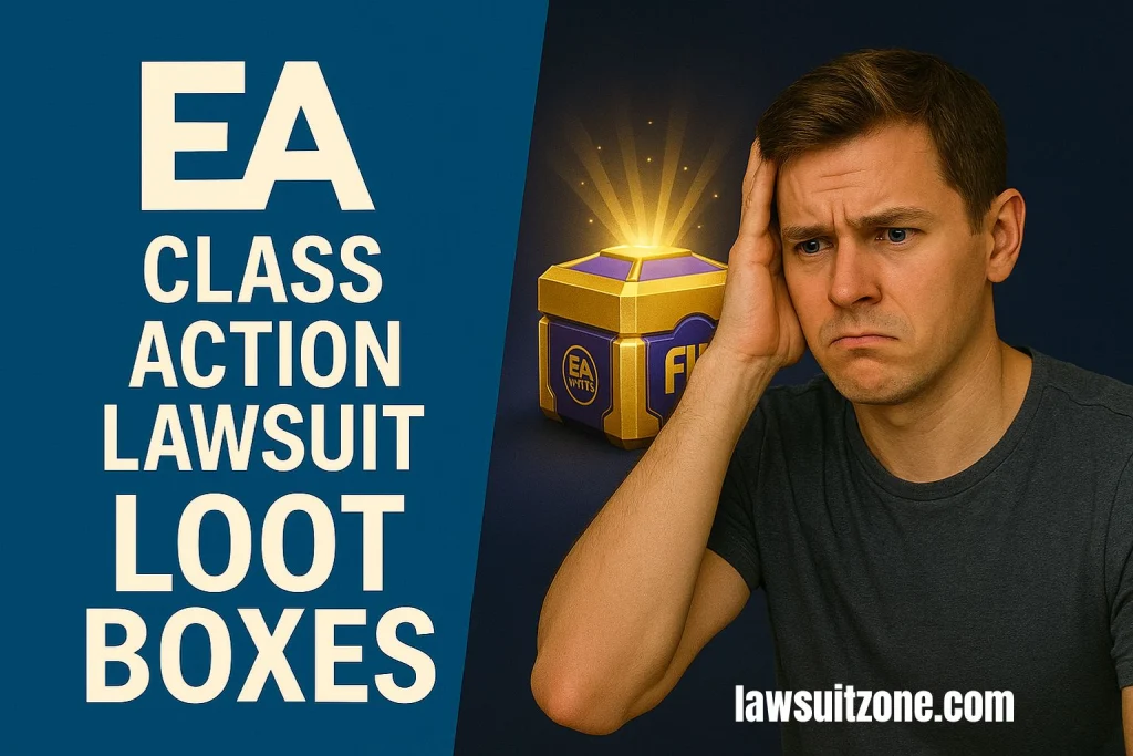Man looking frustrated with EA FIFA loot boxes, highlighting controversy and ongoing EA class action lawsuit in 2025.