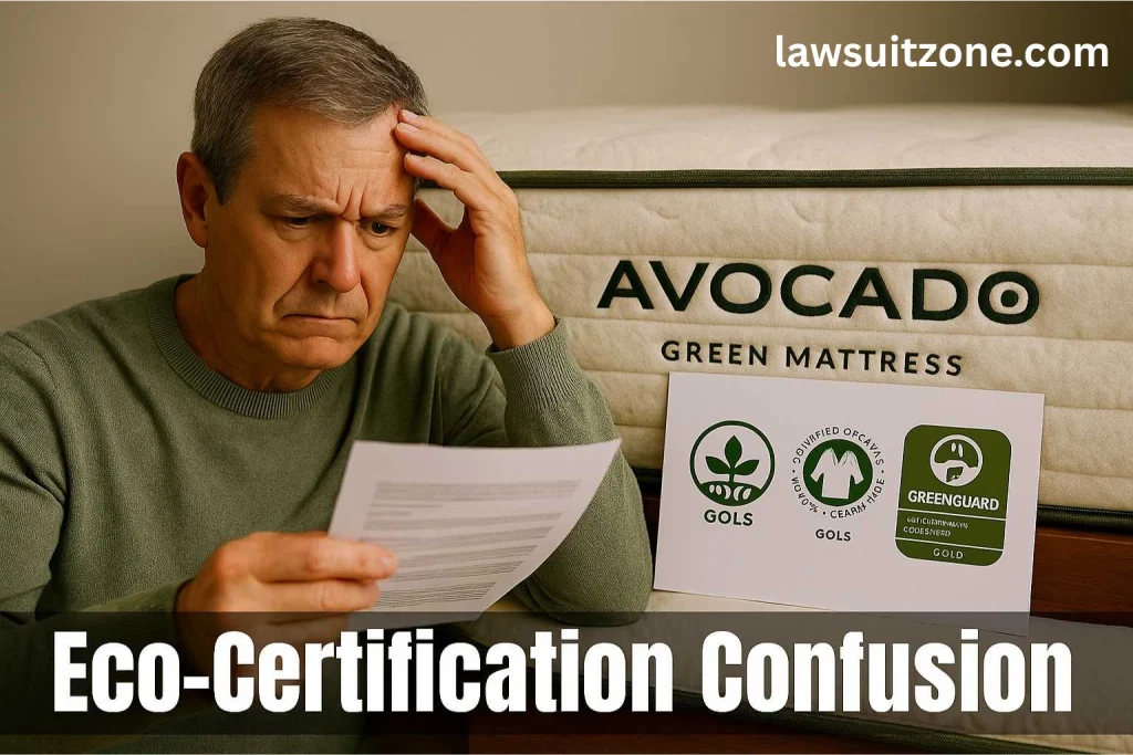 Multiple eco-label logos (GOTS, GOLS, GREENGUARD) beside mattress layers with question mark, symbolizing certification confusion.