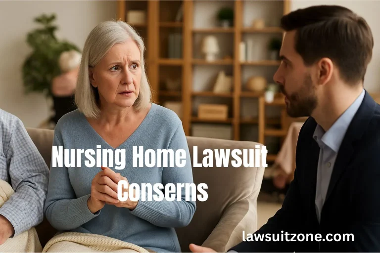 Elderly woman looking concerned while discussing nursing home lawsuit issues with a younger man, symbolizing family worries and legal guidance.