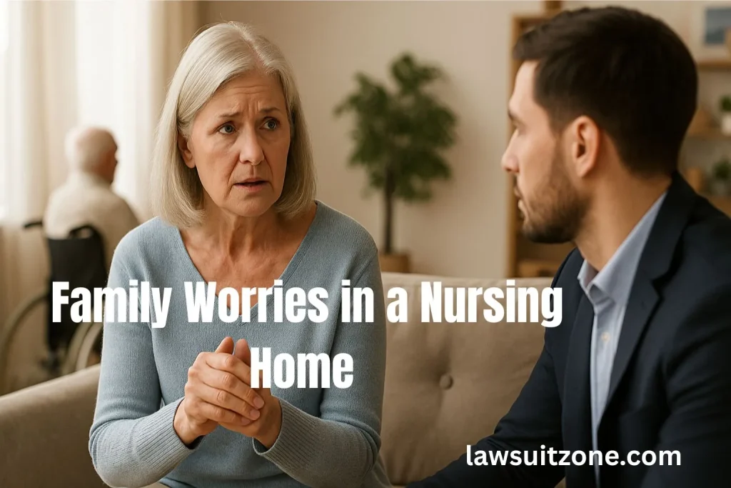 Older woman in conversation with a man while another elderly resident in a wheelchair is seen in the background, highlighting concerns about nursing home care.