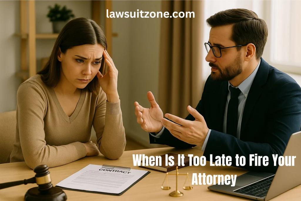 A frustrated client sits across from a lawyer at a desk, showing dissatisfaction and visible tension, symbolizing the challenges of firing an attorney.
