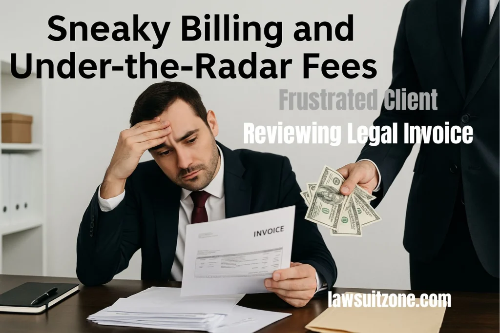Worried client holding invoice while another person hands over cash, representing sneaky legal billing practices.