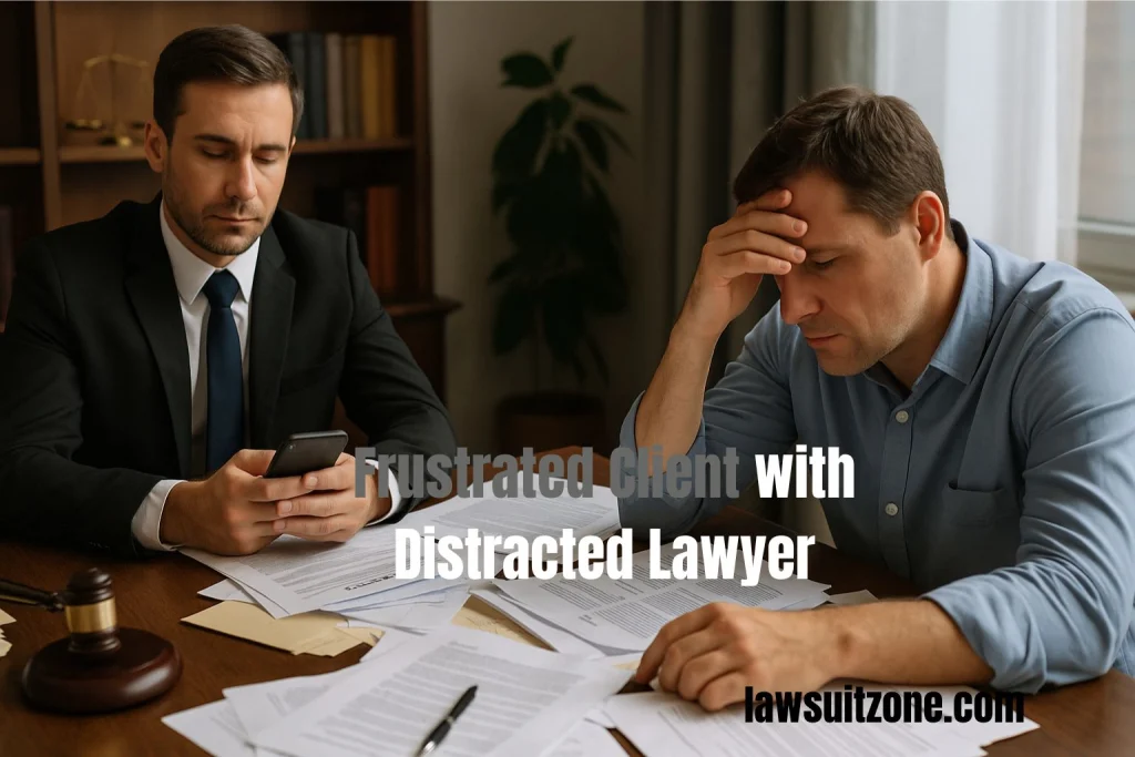 Frustrated client sitting across inattentive lawyer checking phone with messy desk full of legal documents.