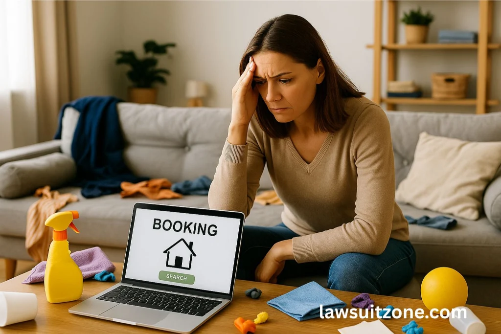 A frustrated homeowner sitting in a cluttered living room, looking stressed at her laptop with a booking website open, symbolizing dissatisfaction with poor cleaning services.