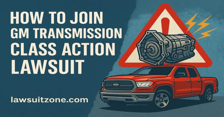 Illustration of a red GM truck with a transmission warning symbol, representing the GM transmission class action lawsuit, branded with lawsuitzone.com.