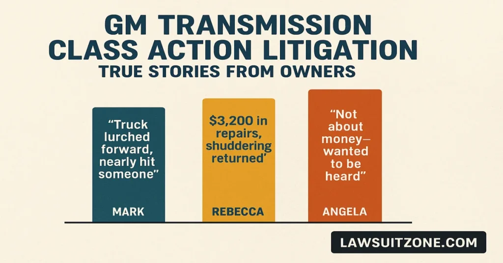 Infographic highlighting real GM owners’ stories about transmission failures, repair costs, and personal struggles, branded with lawsuitzone.com.