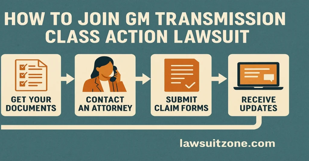 Infographic showing step-by-step process on how to join the GM transmission class action lawsuit: gather documents, contact an attorney, submit forms, receive updates. Branded with lawsuitzone.com.