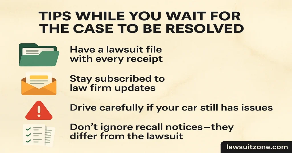 Infographic with practical tips for GM owners waiting for class action lawsuit resolution, including keeping receipts, staying updated, and driving safely. Branded with lawsuitzone.com.