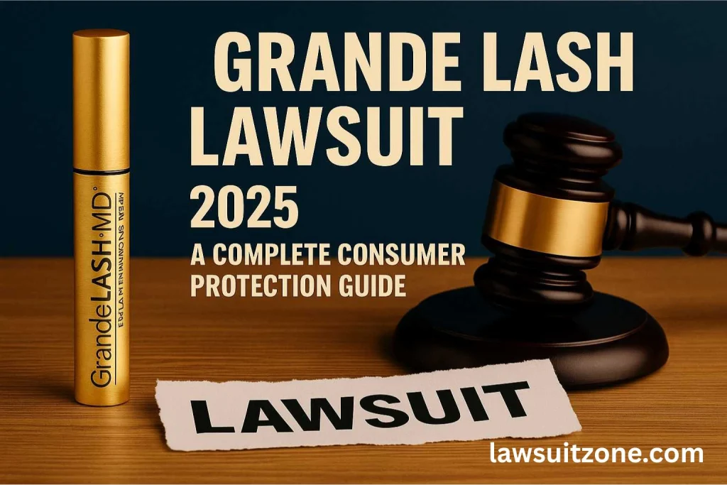 Grande Lash serum tube placed beside gavel and torn lawsuit paper, symbolizing misleading marketing and legal dispute.
