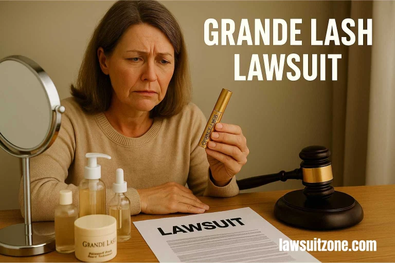Concerned middle-aged woman holding Grande Lash serum bottle at vanity table with gavel and lawsuit document.