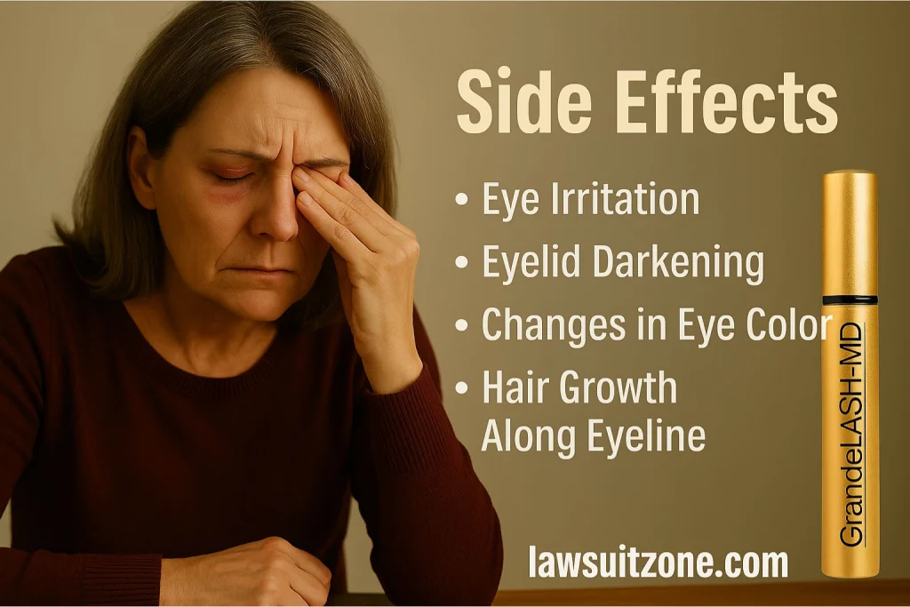 Woman with eye redness rubbing her eye, with text listing side effects like irritation, eyelid darkening, and changes in eye color.